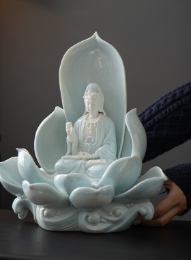 青瓷陶瓷西方三圣莲心大势至菩萨净瓶观音大日如来阿弥陀佛装饰品