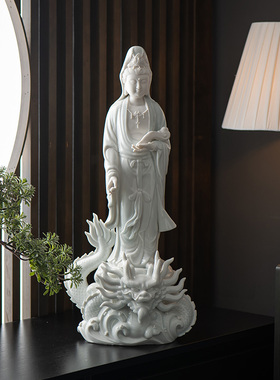 保平安观音佛像供奉家用摆件德化白瓷御龙观世音菩萨像玄关办公室