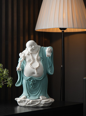 德化白瓷陶瓷福报弥勒佛摆件大肚子招财布袋笑佛办公室博古架禅意