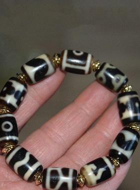 藏传莲花如意长寿天珠桶形珠手链男水纹虎牙手串天然风化一图一物