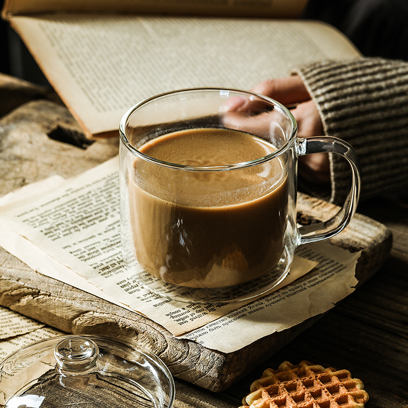 家用高硼硅耐热玻璃水杯带把手大口径杯子茶杯带盖勺子咖啡杯防烫