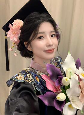 簪花学士帽仿花真朵发夹边头夹侧边饰diy学生毕业硕士帽礼帽装饰