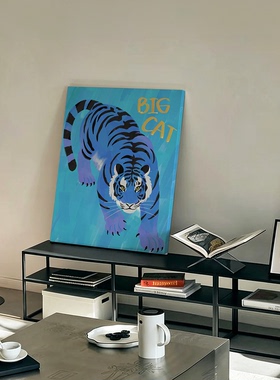 蓝色老虎装饰画BIGCAT艺术现代客厅挂画北欧肌理油画玄关桌面摆画