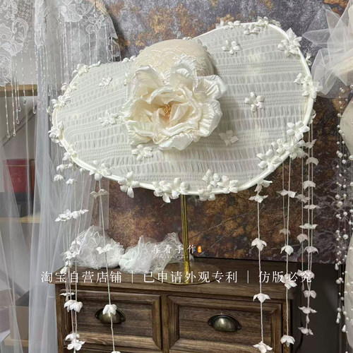 喜看原创重工手作花瓣流苏蕾丝礼帽新娘结婚森系复古法式写真配饰 - 图0