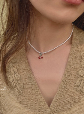 复古红玛瑙樱桃纯银淡水珍珠项链