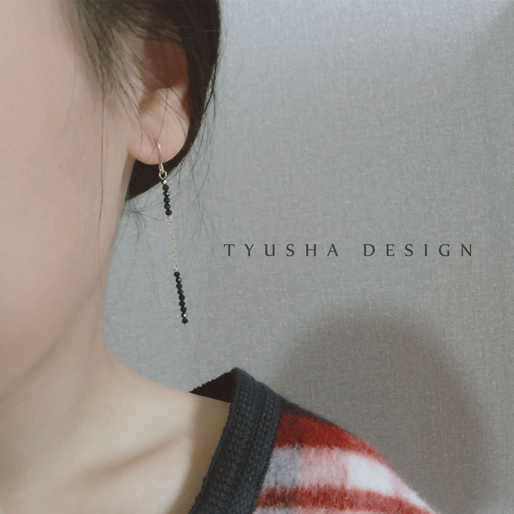 TYUSHA设计 酷酷的天然黑色尖晶石耳环耳线14K注金包金防过敏礼物 - 图1