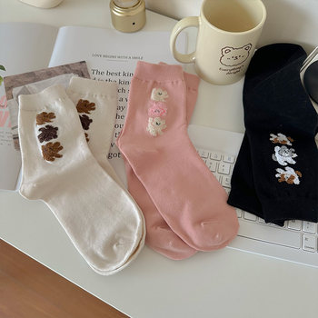 Nut Mommy Korean Cartoon Socks Women's Mid-Tube Spring and Autumn Style Japanese Solid Colors Cute Girls Long Stockings Summer