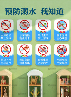 小学生防溺水主题墙贴纸牌子儿童游泳黑板报幼儿园安全教育宣传画