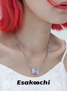 蓝色蝴蝶结抱枕镂空爱心双层项链