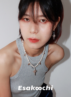 Esakoochi复古系列~哑光金银拼四芒星项链人造珍珠双层叠戴锁骨链