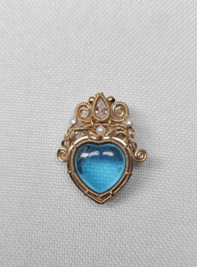 上新天然海蓝宝石吊坠手工绕线水晶项链进口包金纯银清新简约百搭