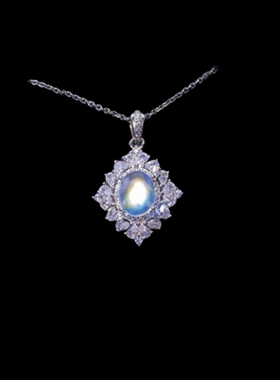 天然月光石纯银镶嵌吊坠 S925纯银项链 欧美奢华简约时尚个性款