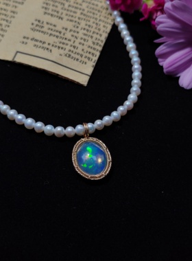 天然欧泊淡水珍珠项链吊坠 美国进口包金