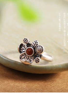 S925纯银复古镶嵌天然南红玛瑙