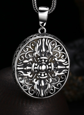 S925纯银复古镶嵌天然白贝雕吊坠