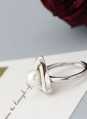 S925纯银天然淡水珍珠白贝戒指