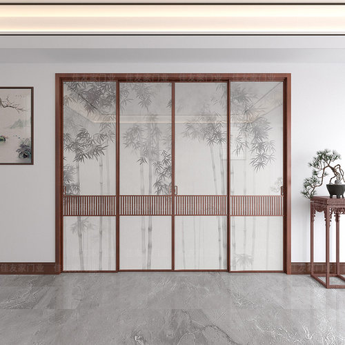 新中式厨房折叠门阳台客厅玻璃隔断门钛镁铝合金吊轨平移推拉门 - 图0