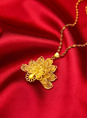 越南沙金孔雀开屏镂空吊坠黄铜镀金民族风锁骨链女士婚庆吊坠项链