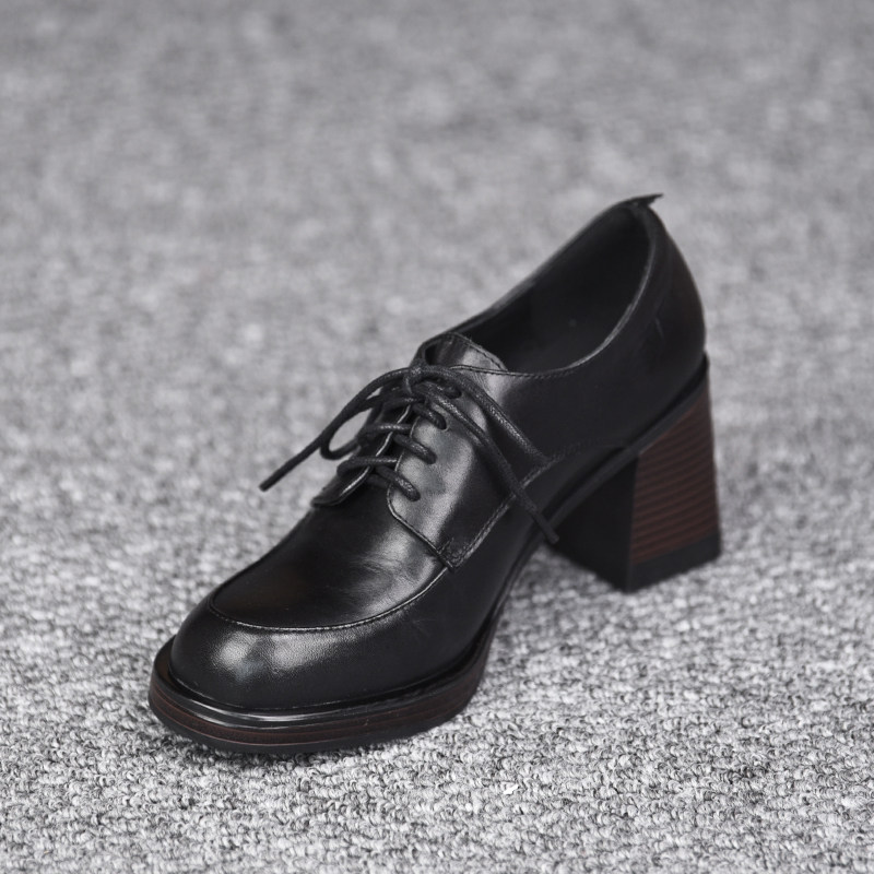 misili 真皮系带深口单鞋女粗跟黑色通勤百搭小皮鞋,淘宝优惠券,粉丝福利购,淘宝优惠卷