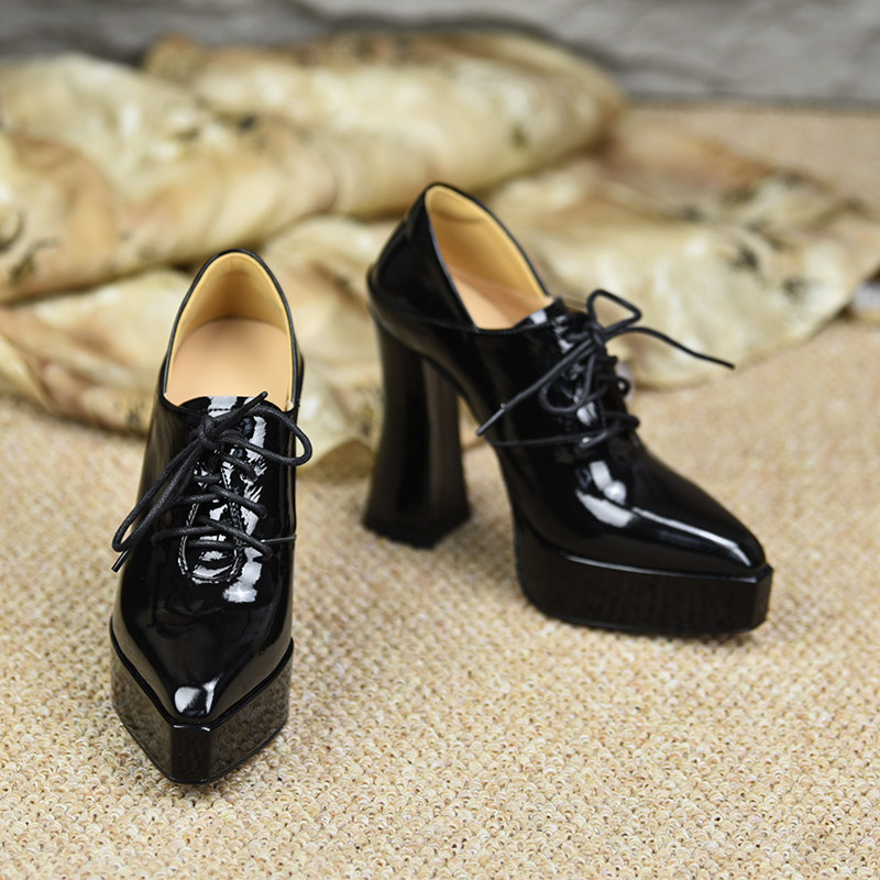 misili 欧美漆皮系带深口单鞋女高跟防水台粗跟尖头黑色高跟鞋,淘宝优惠券,粉丝福利购,淘宝优惠卷