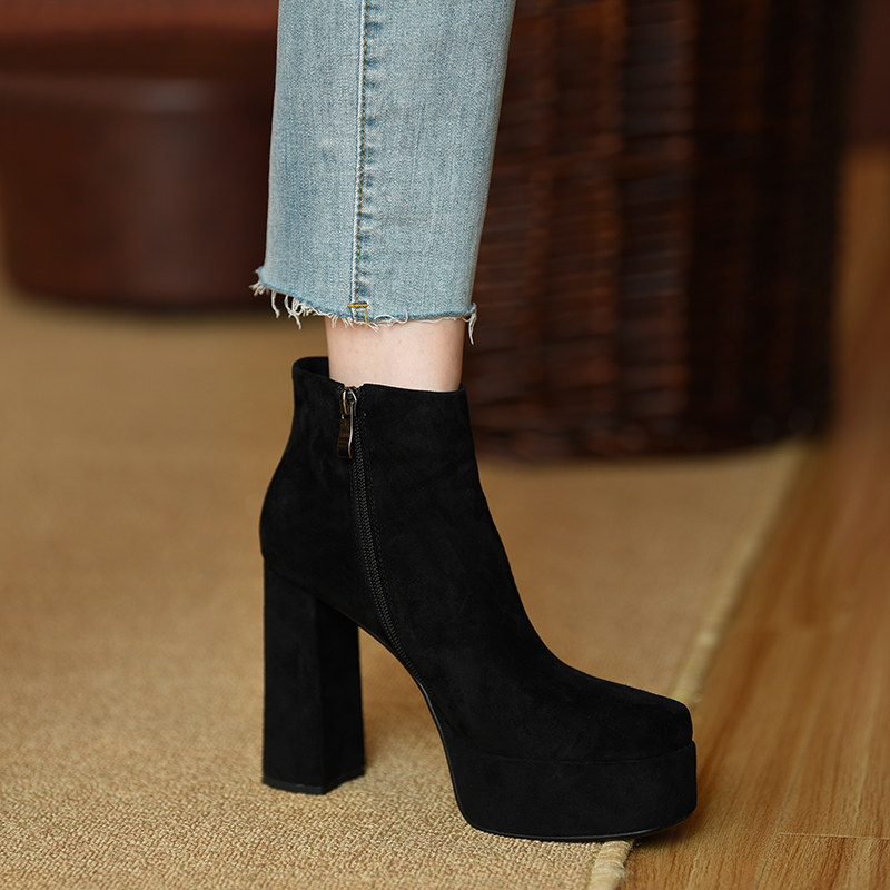 Misili 真皮粗跟短靴女2024秋冬季新款防水台高跟鞋黑色厚底女鞋,淘宝优惠券,粉丝福利购,淘宝优惠卷