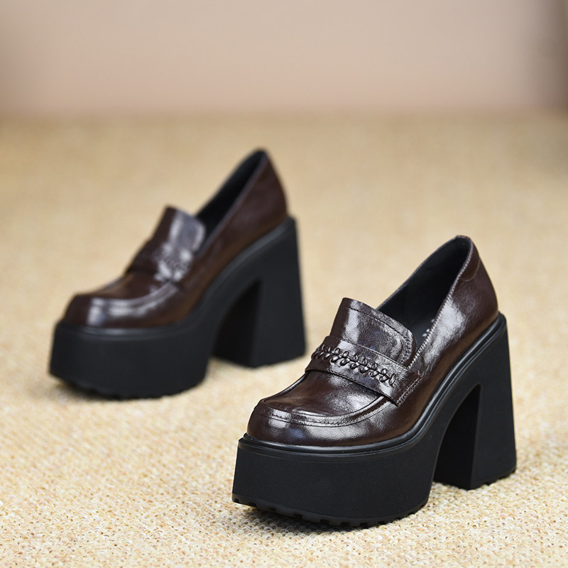 misili乐福鞋粗跟单鞋12cm小个子高跟鞋2026春季新款厚底真皮女鞋,淘宝优惠券,粉丝福利购,淘宝优惠卷