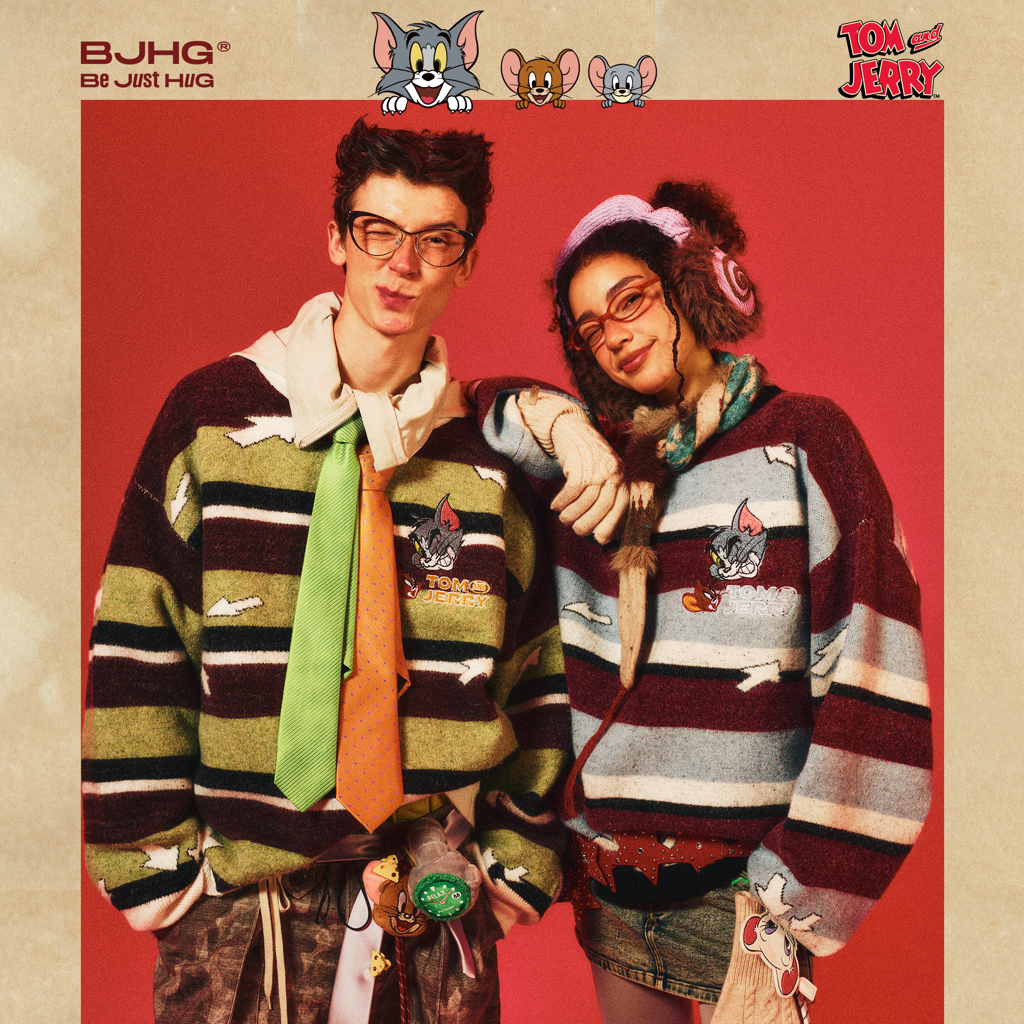 【猫和老鼠联名】BJHG不计后果条纹毛衣男秋冬季情侣装羊毛针织衫 - 图1