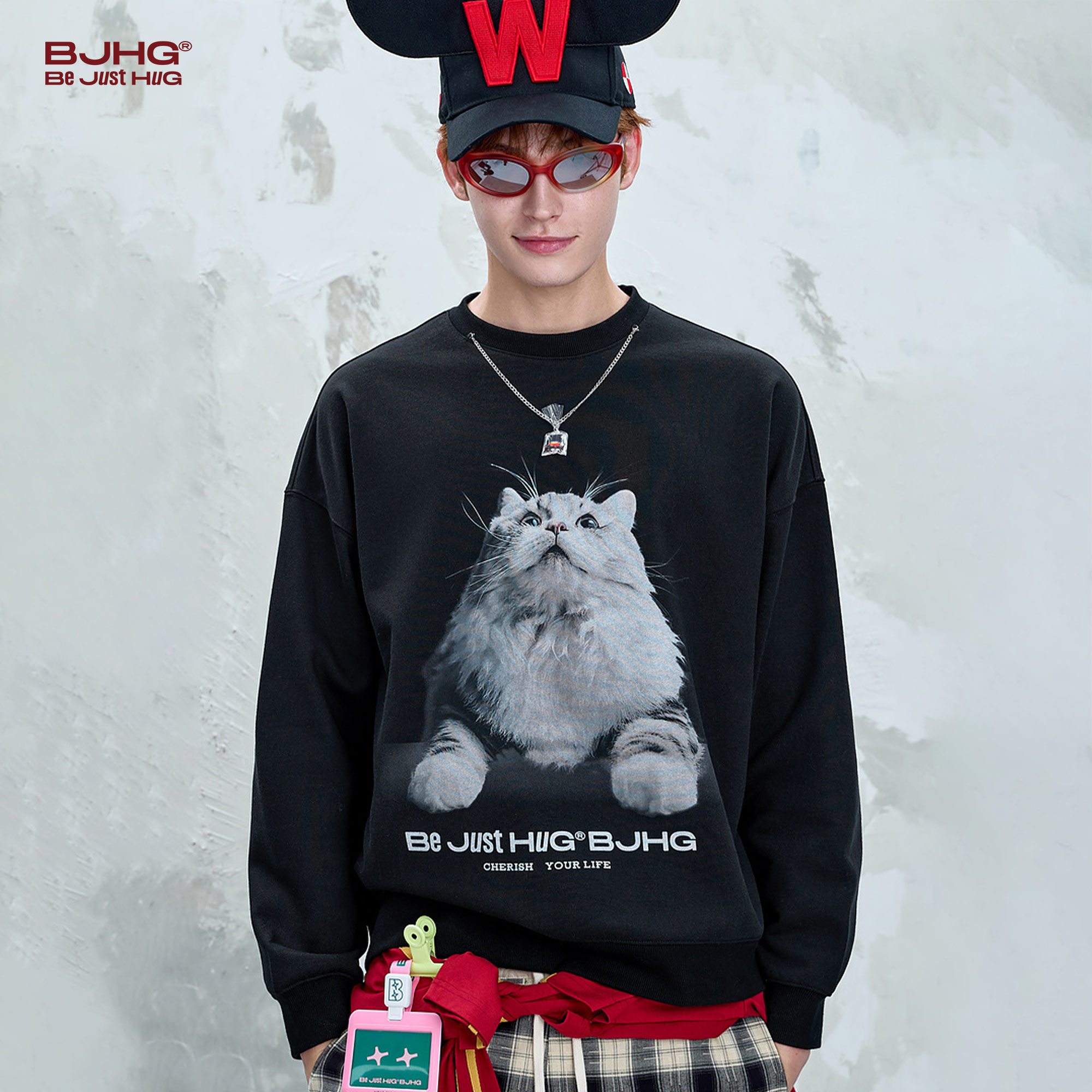 BJHG不计后果复古小猫卫衣男款秋季美式暖皮恒温情侣长袖打底衫女 - 图1