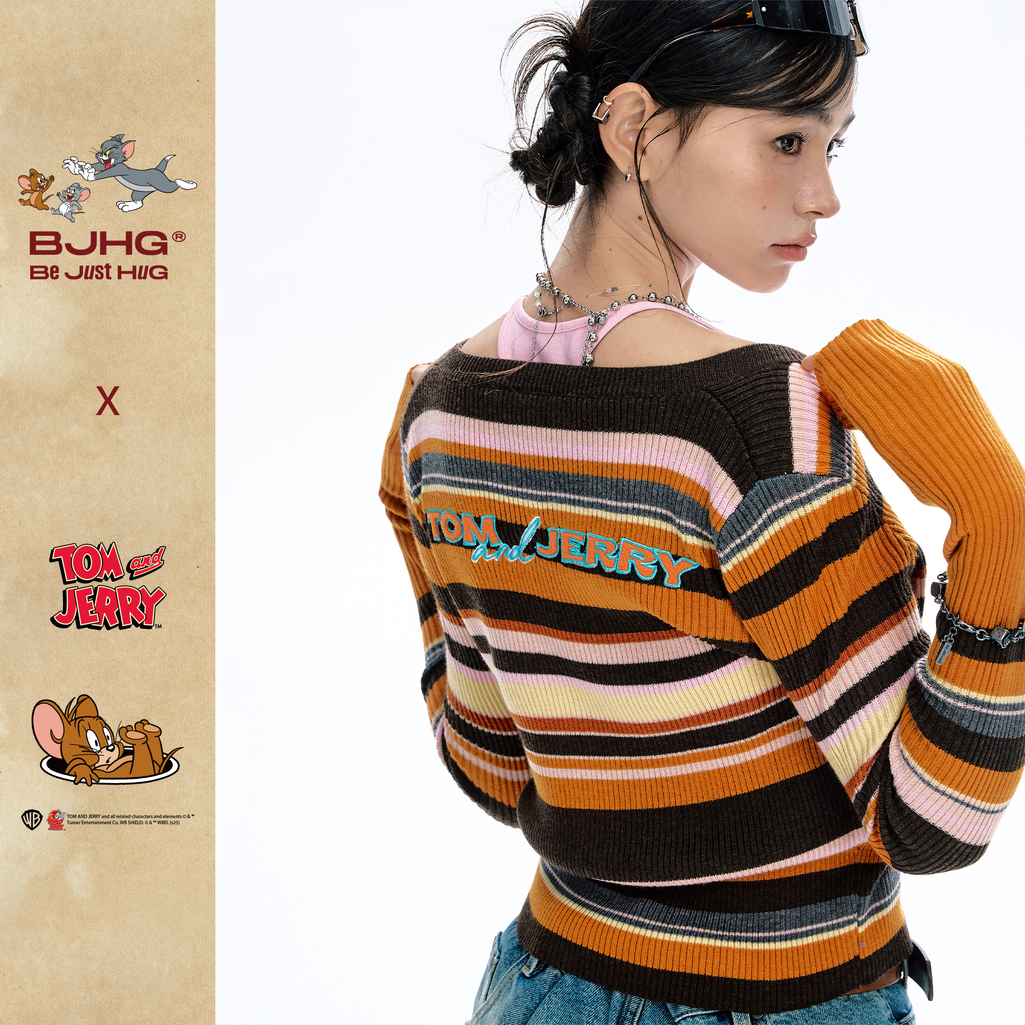 【猫和老鼠联名】BJHG不计后果条纹毛衣女秋冬装复古针织开衫外套 - 图1