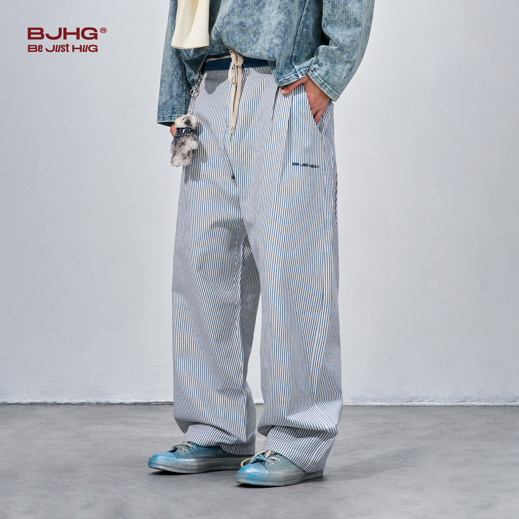 BJHG不计后果复古条纹拼接休闲裤子男款松弛感cleanfit简约直筒裤,淘宝优惠券,粉丝福利购,淘宝优惠卷