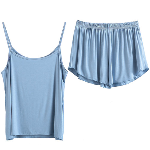 吊带短裤睡衣夏女背心两件套大码套装家居服莫代尔薄款宽松胖mm黑 - 图3