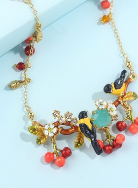 珐琅黄鹂樱桃系列两只鸟大项链