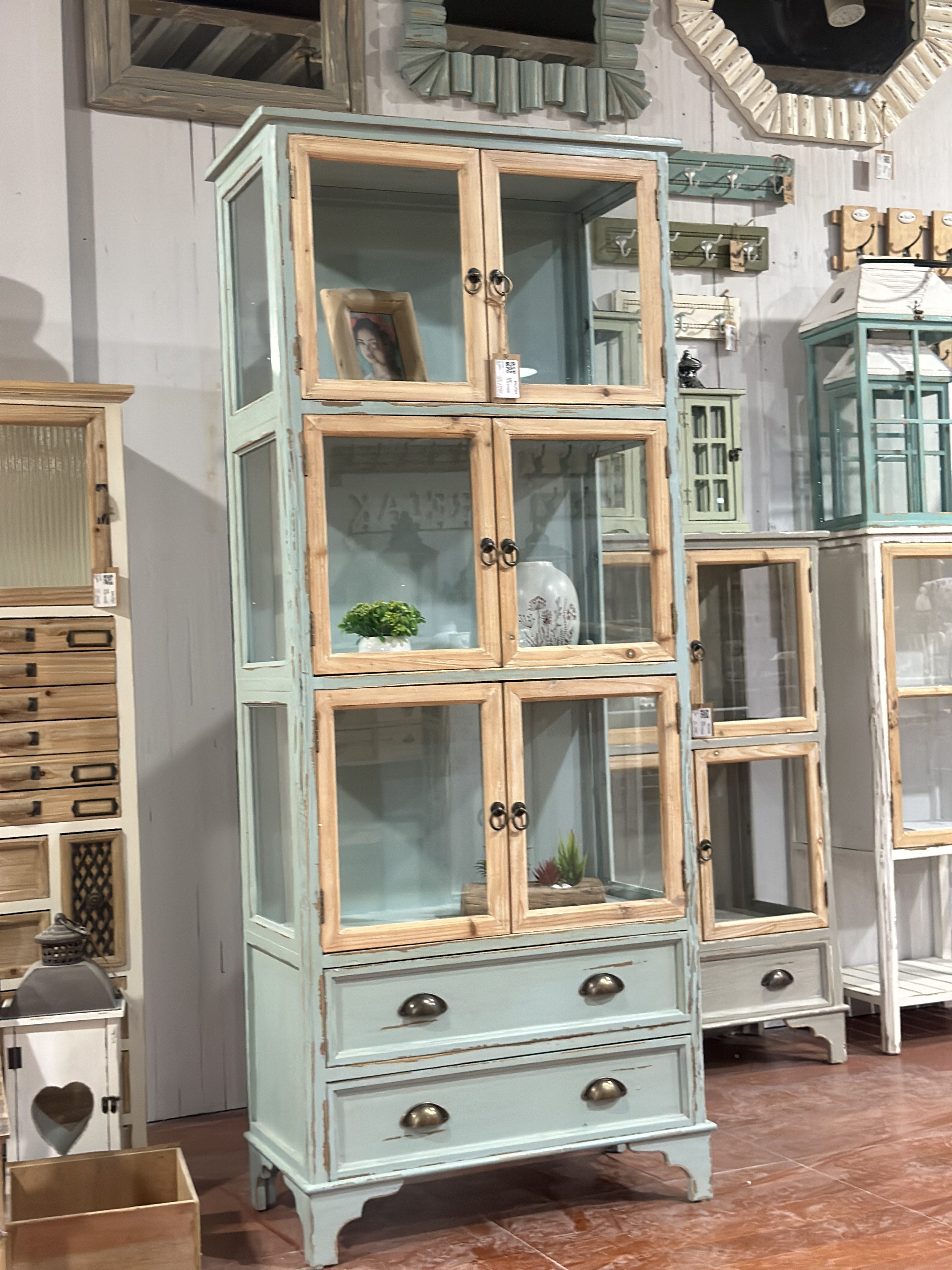 出口欧洲乡村风格复古做旧原木色实木玻璃门展示柜收纳储物柜书柜,淘宝优惠券,粉丝福利购,淘宝优惠卷