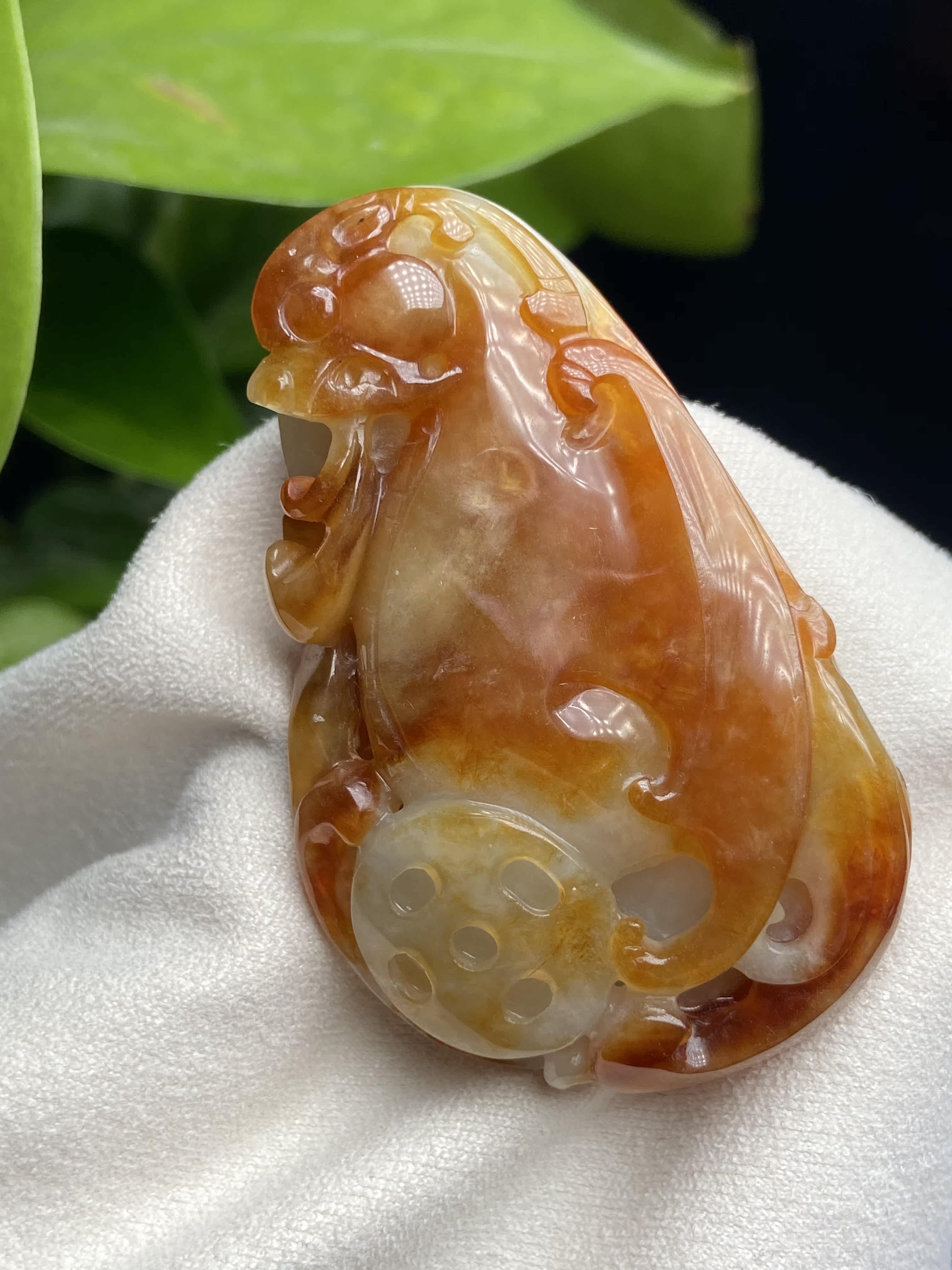 缅甸翡翠a货天然玉石糯冰黄翡凤凰吊坠 50.5*31.9*9.7mm