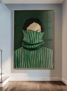 现代抽象艺术挂画绿色毛衣女人装饰画民宿宾馆客厅小众竖版墙壁画