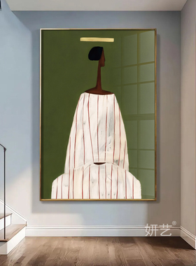 抽象人物现代艺术装饰画极简主义绿色复古挂画客厅玄关竖版墙壁画