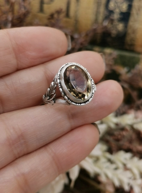 Vintage中古欧洲回流sterling老银黄水晶戒指15号