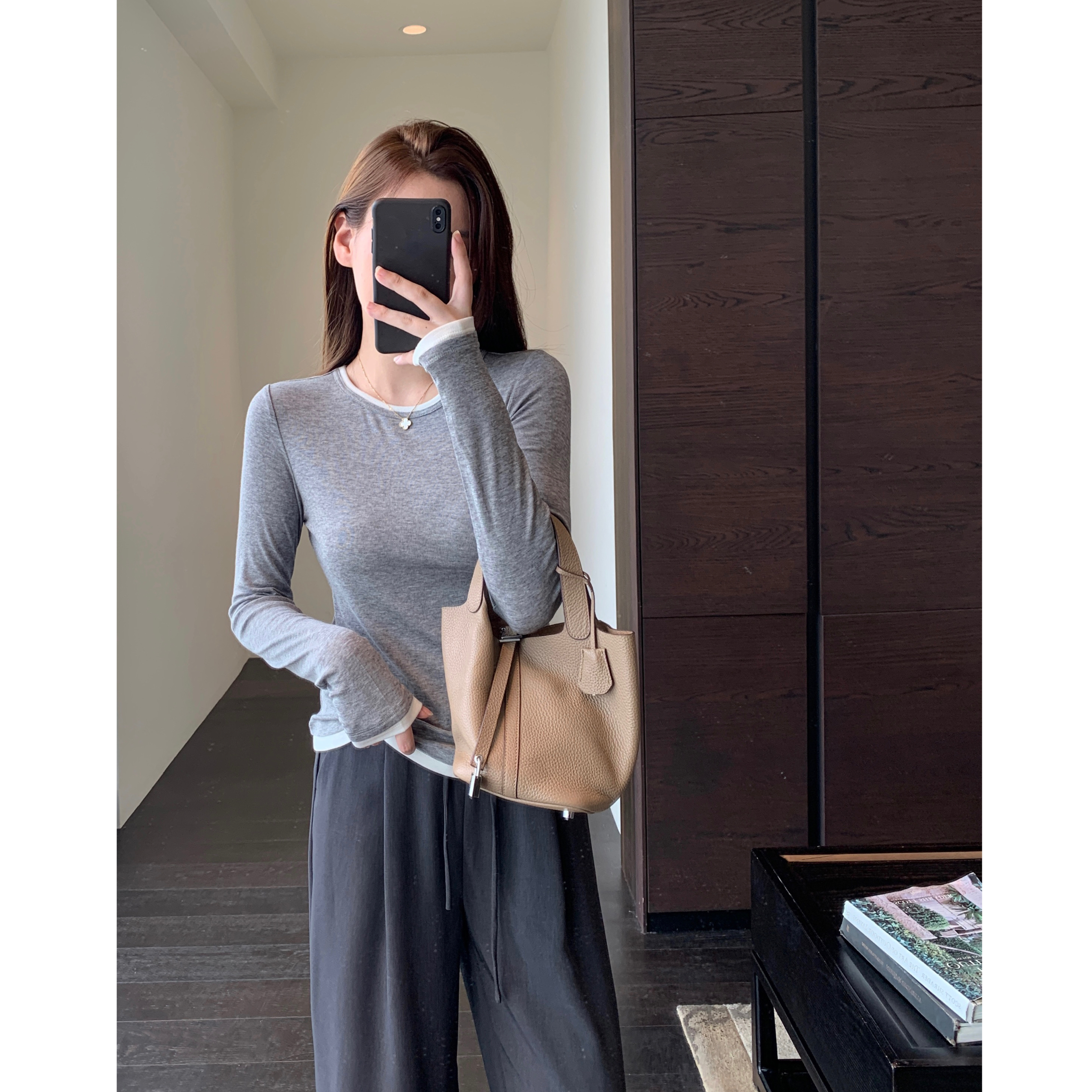 AMR UU◆设计感小众 天丝羊毛假两件打底衫显瘦长袖T恤女秋冬新款 - 图0