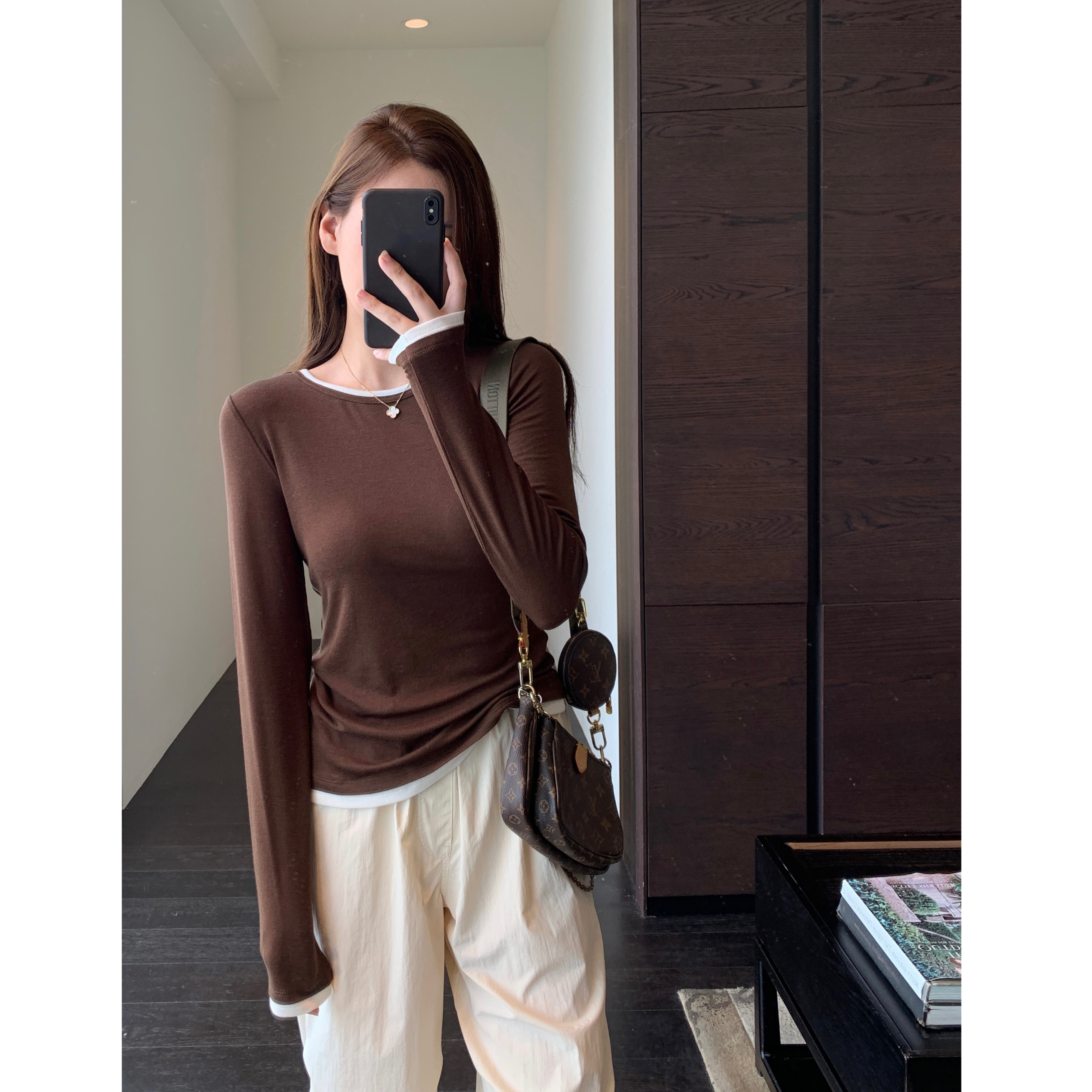 AMR UU◆设计感小众 天丝羊毛假两件打底衫显瘦长袖T恤女秋冬新款 - 图1