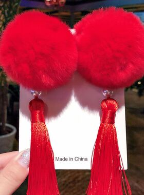 中国风儿童头饰汉服发夹子女童宝宝红色毛球古装发卡古风发饰头花