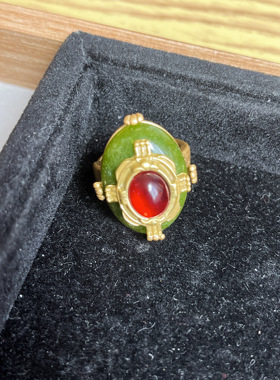 波密圣殿中古vintage绿色戒指复古珐琅宫廷做旧浮雕开口指环