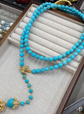 复古蓝色中古时尚10M绿松长款飞鸟吊坠项链高级感个性毛衣链饰品