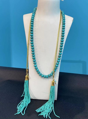 复古民族风蓝色松石流苏耳钩简约中长款气质优雅绿色串珠项链套装