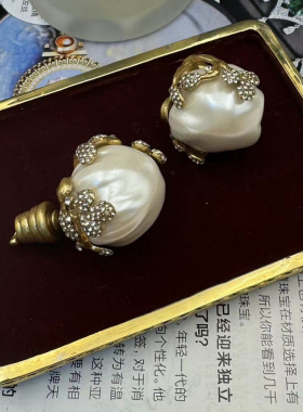 黄铜巴洛克耳环重工复古镶钻中古vintage耳钉灯泡珍珠夸张耳饰