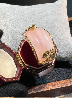 天然粉水晶双层开口戒指二代蜜蜡宫廷风复古高级vintage戒指跨境