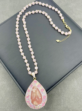 新款天然原矿樱花玛瑙珍珠项链个性时尚宝石捷克钻毛衣链