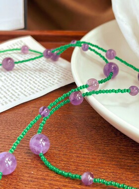 原创设计长款天然薰衣草紫水晶毛衣链双层项链猫眼石配饰