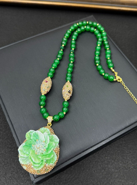 新款国风牡丹花镶嵌毛衣链手工编织百搭饰品小众轻奢项链厂家货源