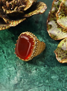 新款中古vintage镶嵌红玛瑙戒指时尚百搭简约通勤轻奢高级感开口