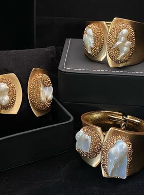 欧版宽边双头巴洛克淡水珍珠手镯手作镶嵌超闪超亮手环